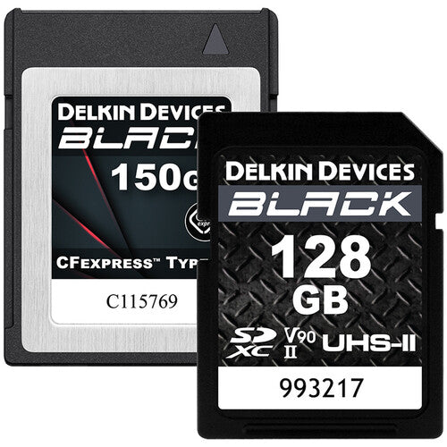 Delkin 150GB BLACK CFexpress Type-B + 128GB BLACK UHS-II SDXC Memory Card Bundle + Free Memory Card Reader Camera tek