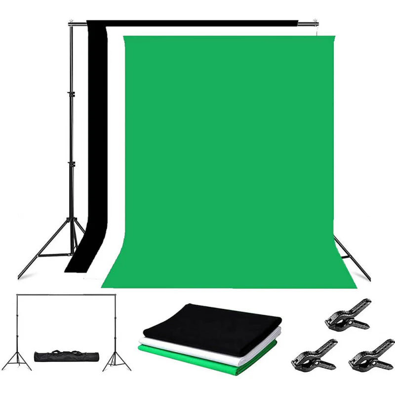 VISICO PRO 2.8.X3M STUDIO BACKDROP KIT VS-B807E + 3X MUSLIN BACKDROPS 1.8X2.8M (BLK, WHT, GREEN)
