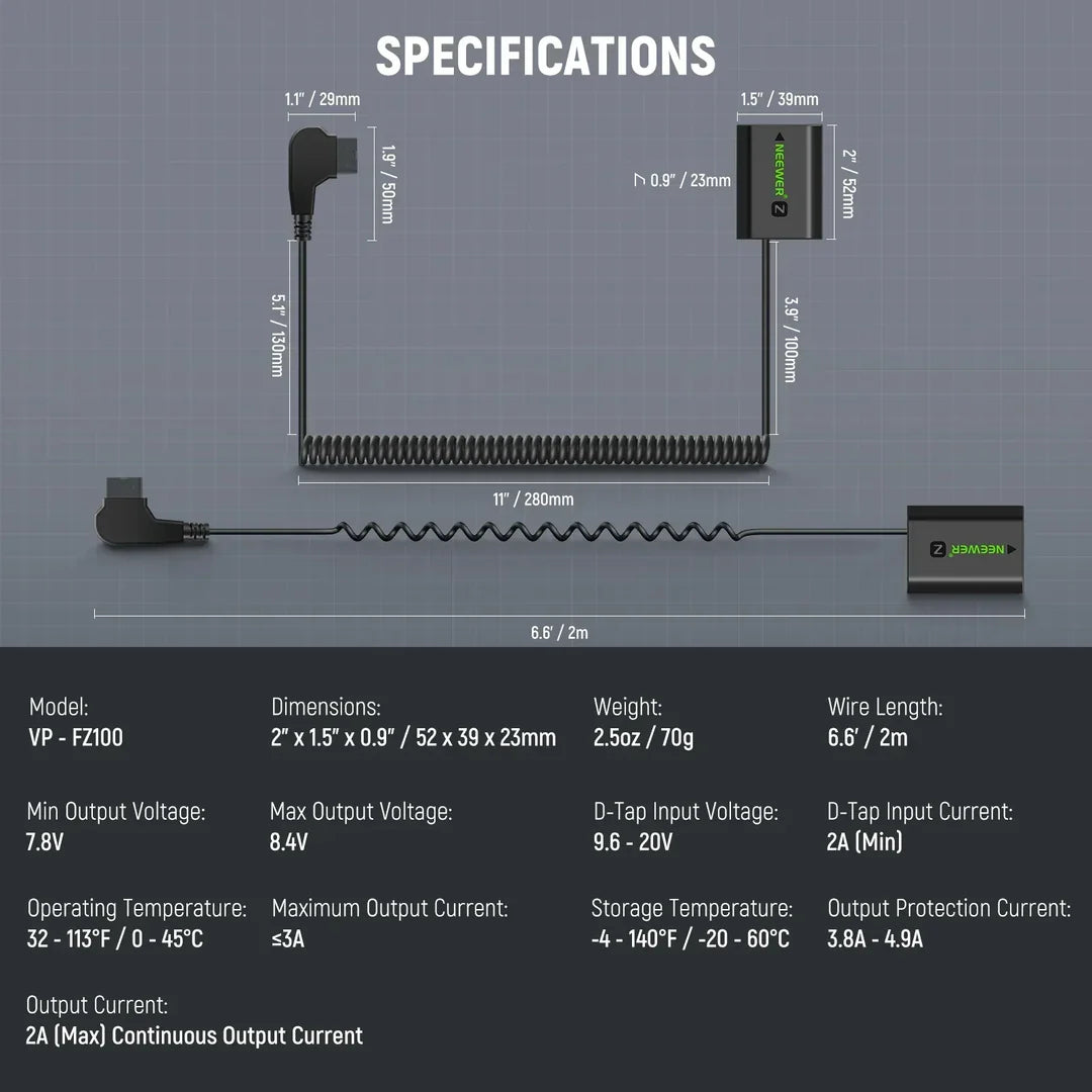 NEEWER VP-FZ100 NP-FZ100 TO D-TAP DUMMY BATTERY & CABLE