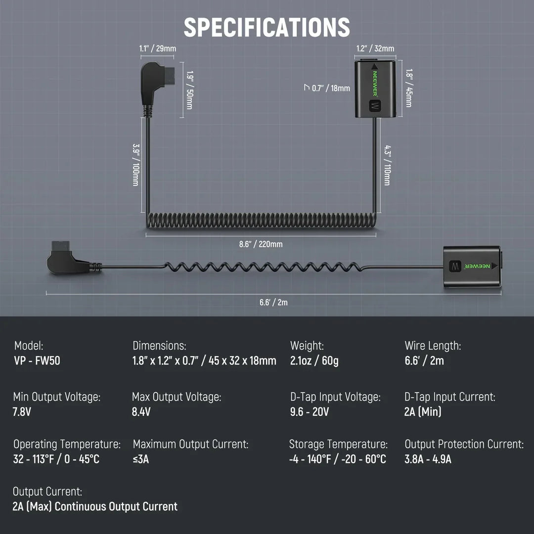 NEEWER VP-FW50 D-TAP FOR NP-FW50 DUMMY BATTERY & CABLE