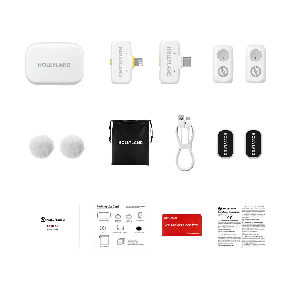 HOLLYLAND LARK A1 COMBO 2-PERSON WIRELESS MICROPHONE SYSTEM WITH USB-C & LIGHTNING CONNECTOR (WHITE)