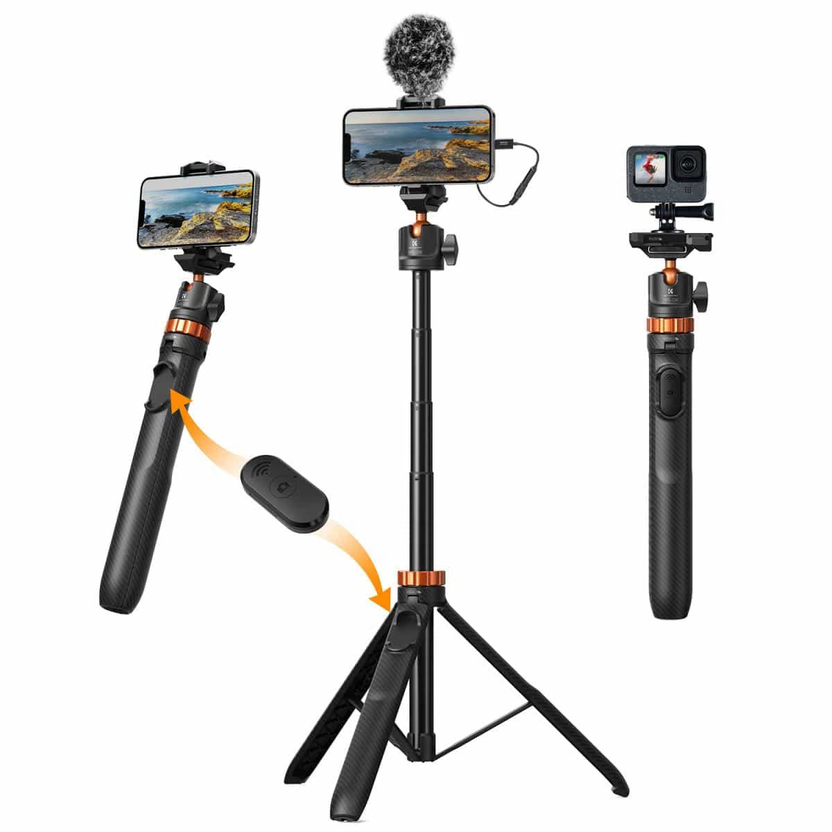 K&F CONCEPT 158CM 2-IN-1 SELFIE STICK TRIPOD WITH REMOTE AND PHONE MOUNT Camera tek