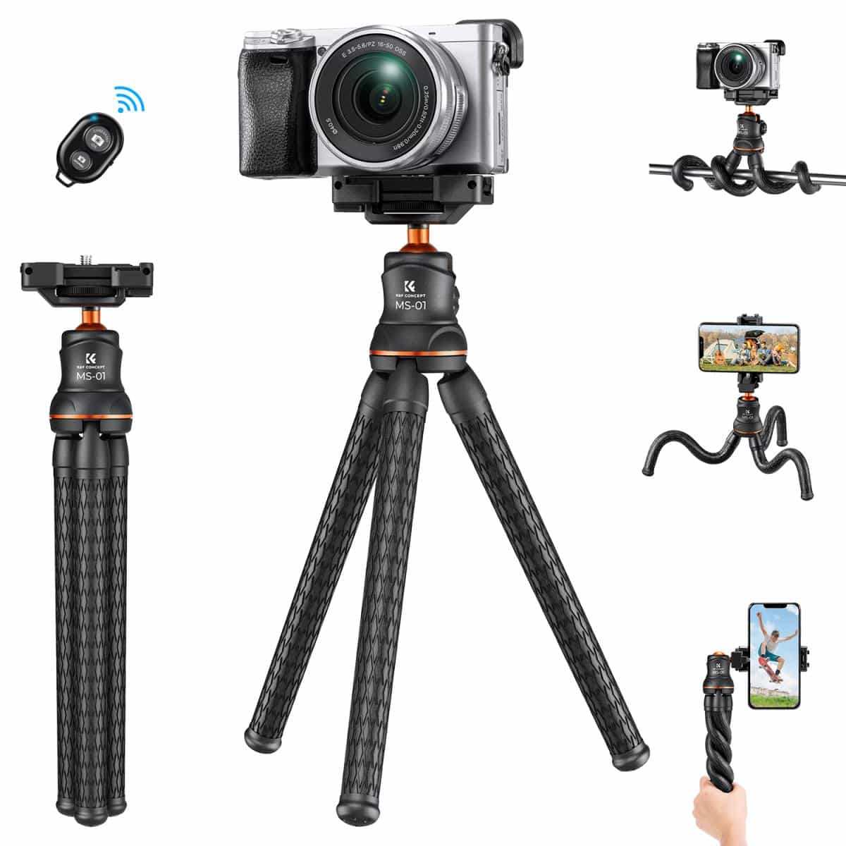 K&F FLEXIBLE MINI TRIPOD WITH BENDABLE LEGS & BLUETOOTH REMOTE