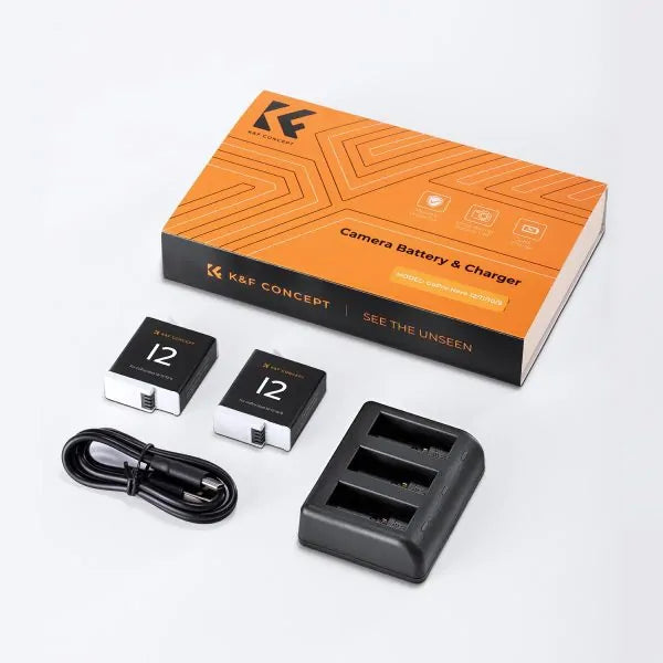K&F GOPRO HERO12 BATTERY KIT- 2 BATTERIES + TRIPLE CHARGER