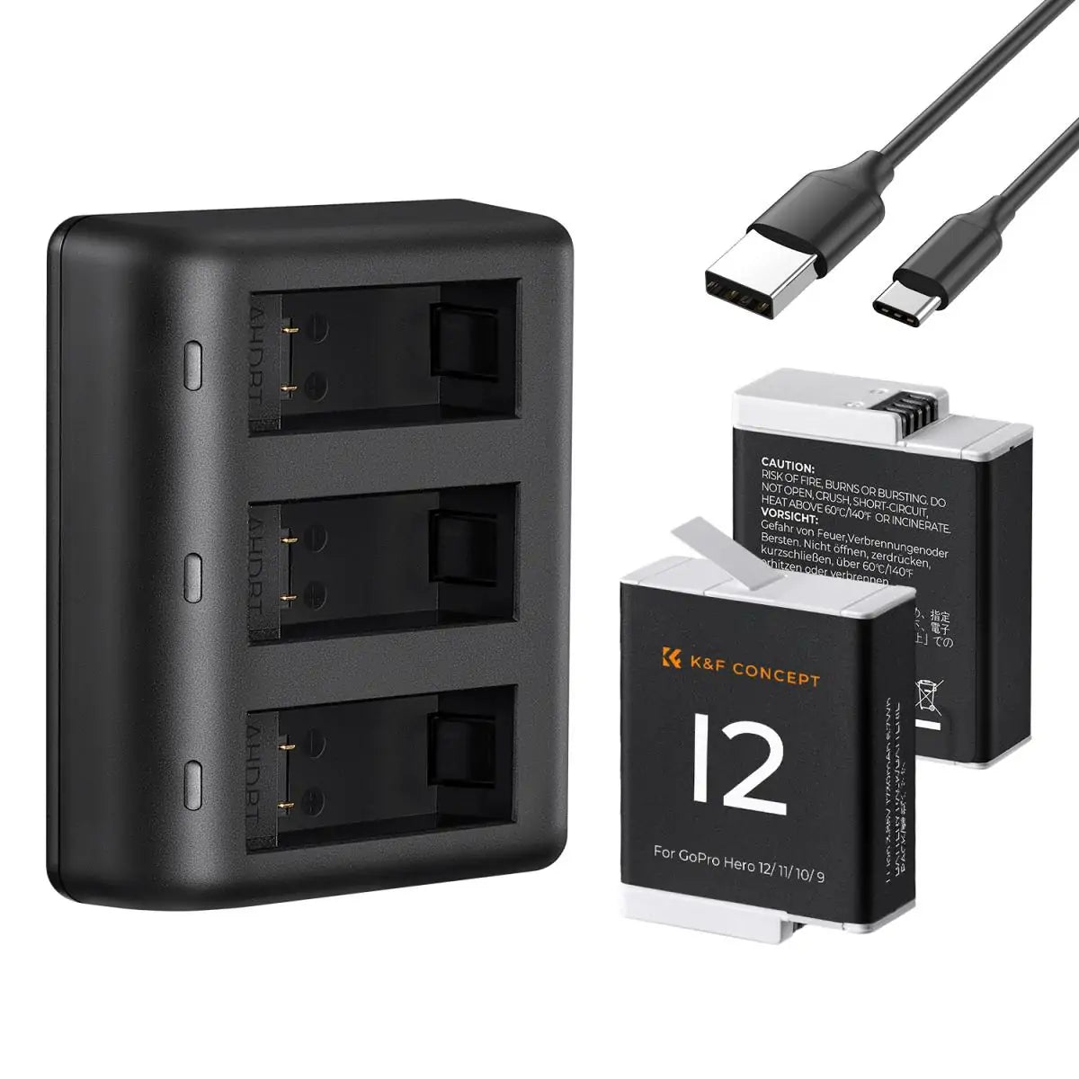 K&F GOPRO HERO12 BATTERY KIT- 2 BATTERIES + TRIPLE CHARGER