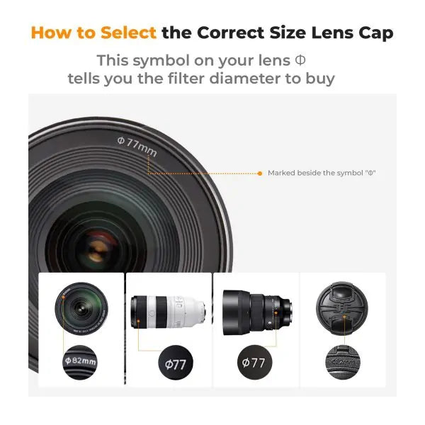 K&F CENTRE PINCH LENS CAP WITH STRAP & CLOTH -77MM Camera tek