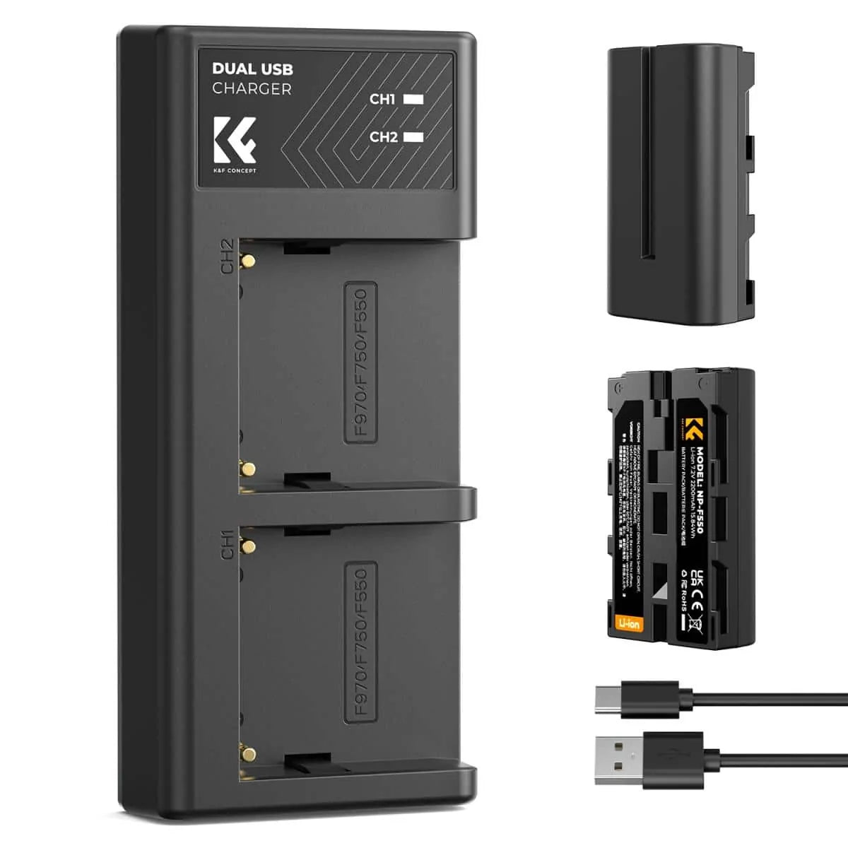 K&F SONY NP-F550 BATTERY KIT - 2 BATTERIES + DUAL CHARGER