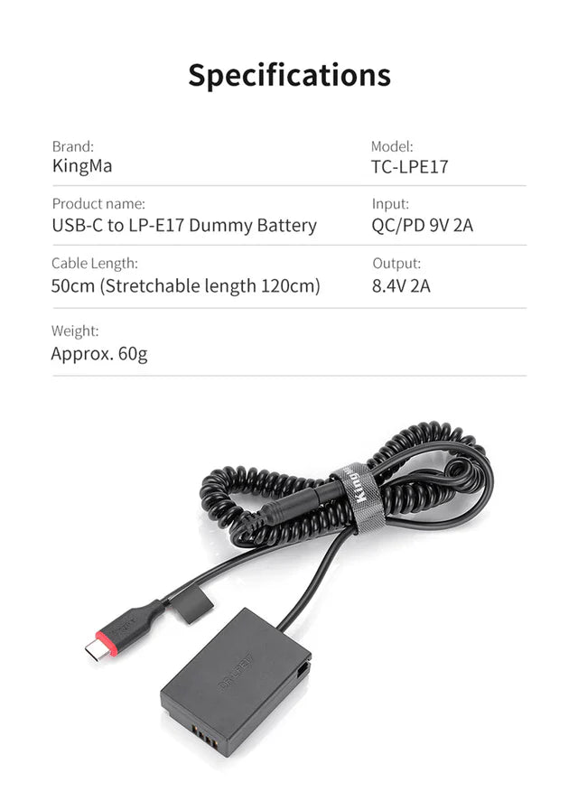 KINGMA TC-LPE17 LP-E17 USB-C REPLACEMENT DUMMY BATTERY ADAPTER FOR CANON