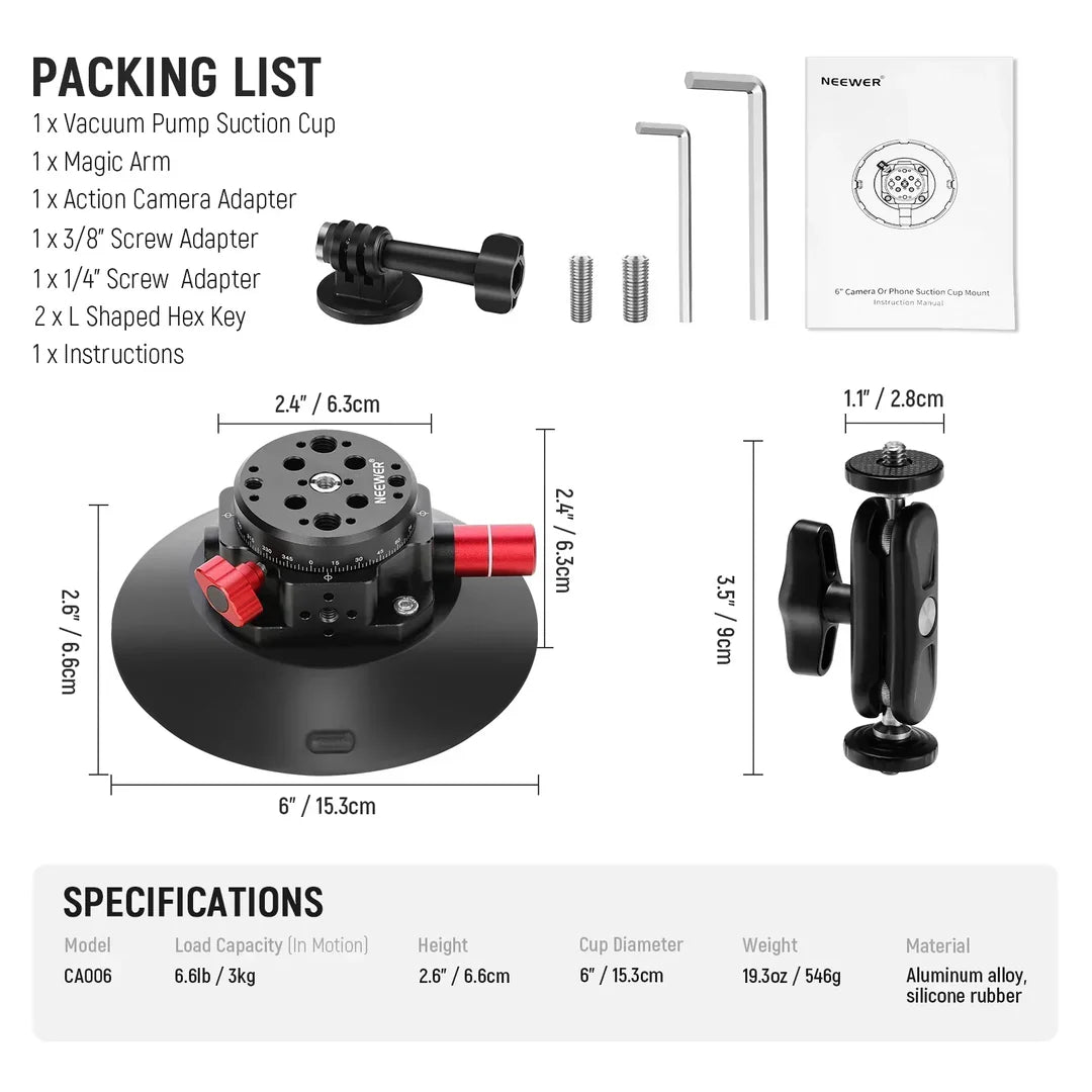 NEEWER CA013 6 INCH CAMERA SUCTION MOUNT WITH BALL HEAD MAGIC ARM
