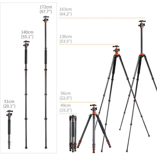 K&F Concept SA254C1 Professional Carbon Fiber Tripod Monopod Kit Camera tek