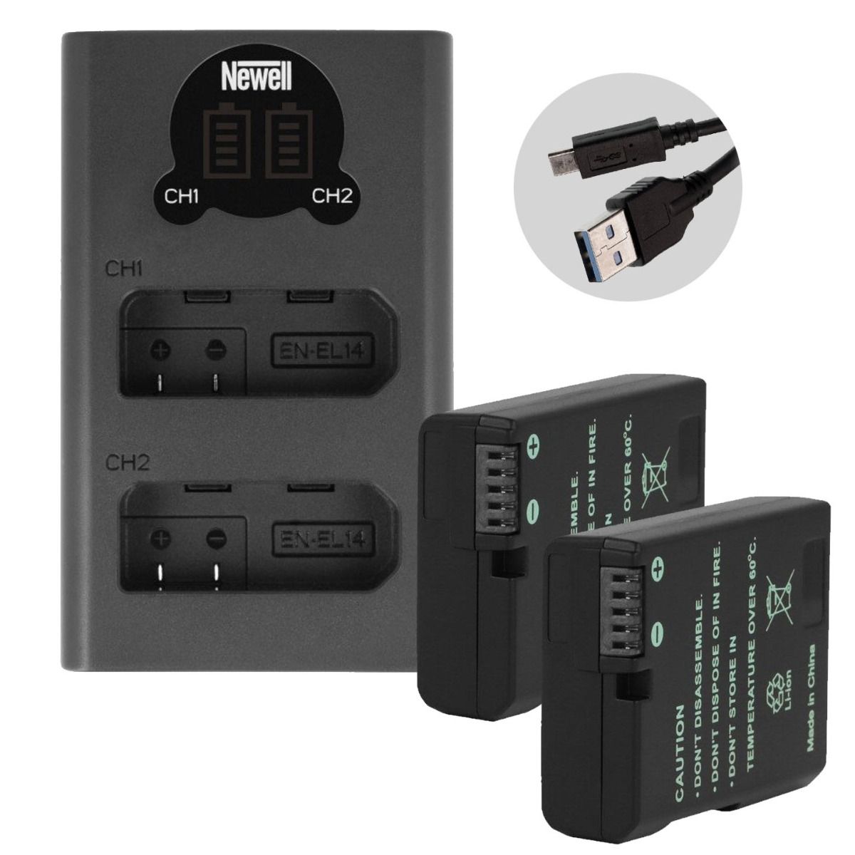 Newell Dual Channel USB-Charger + Batteries for Nikon EN-EL14 Camera tek
