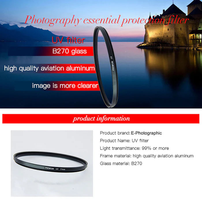 E-Photographic PRO 52mm Multicoated UV Filter-German HD B270 Schott Optics