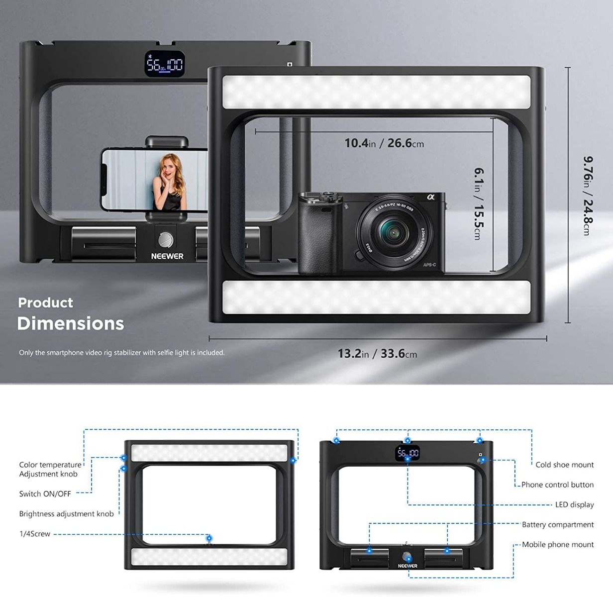 Neewer Dimmable Bi-Color CRI 97+ LED Selfie Light & Smartphone Video Rig Camera tek