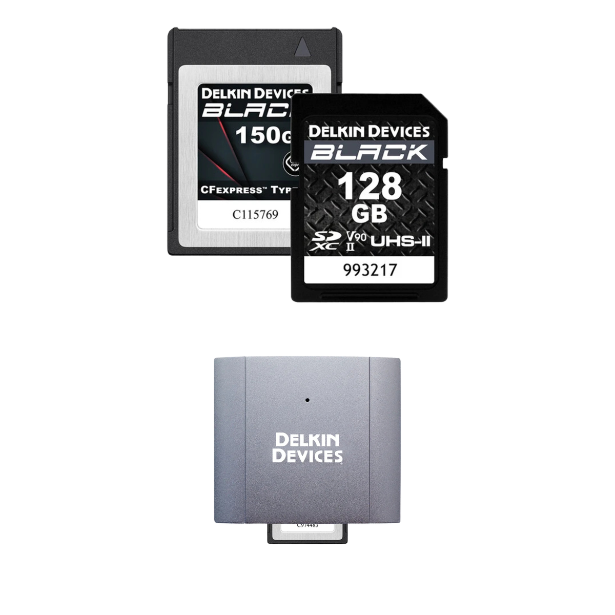 Delkin 150GB BLACK CFexpress Type-B + 128GB BLACK UHS-II SDXC Memory Card Bundle + Free DELKIN DEVICES CFEXPRESS TYPE B USB 3.2 READER Camera tek