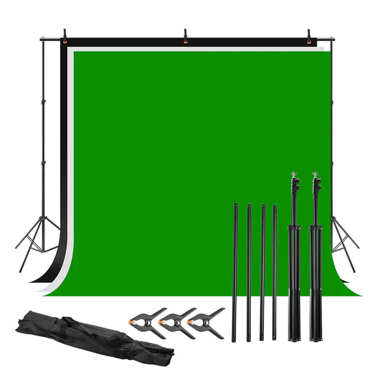 VISICO PRO 2.8.X3M STUDIO BACKDROP KIT VS-B807E + 3X MUSLIN BACKDROPS 1.8X2.8M (BLK, WHT, GREEN)