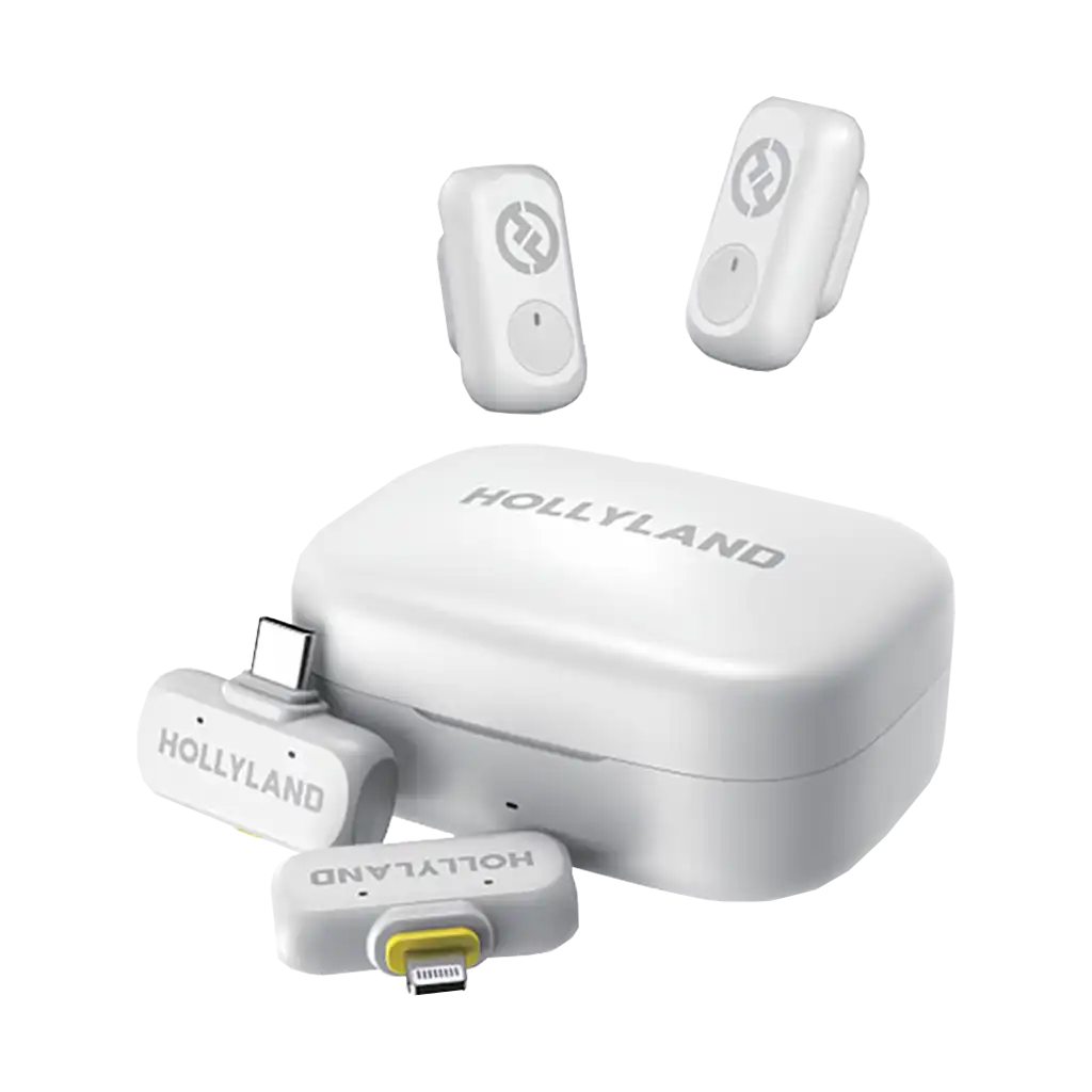 HOLLYLAND LARK A1 COMBO 2-PERSON WIRELESS MICROPHONE SYSTEM WITH USB-C & LIGHTNING CONNECTOR (WHITE)