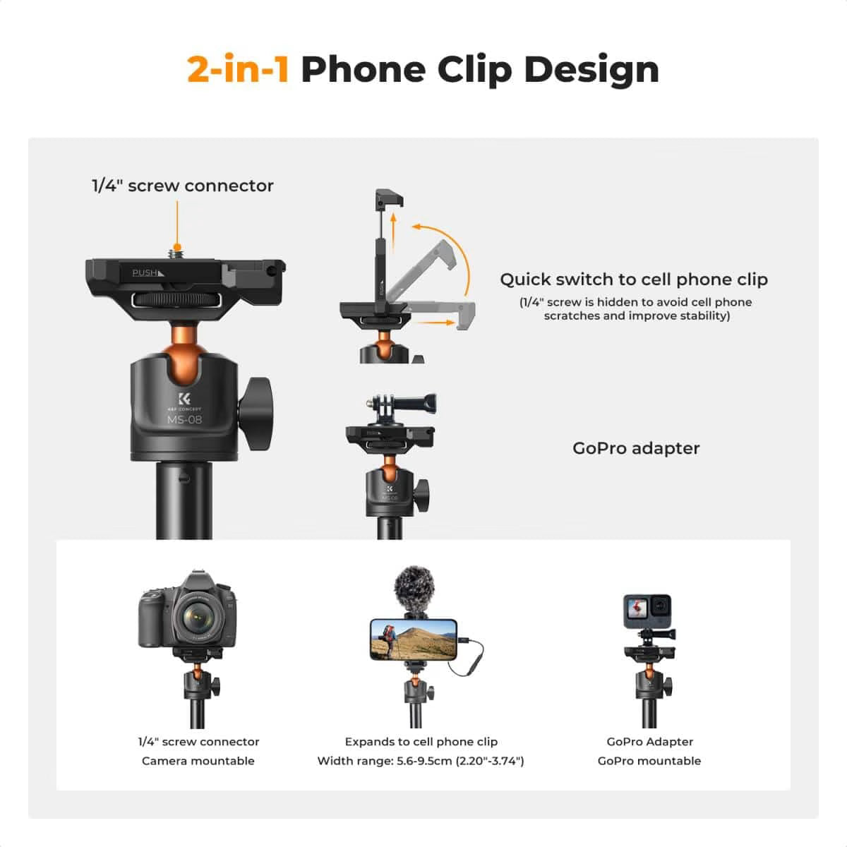K&F CONCEPT 158CM 2-IN-1 SELFIE STICK TRIPOD WITH REMOTE AND PHONE MOUNT Camera tek