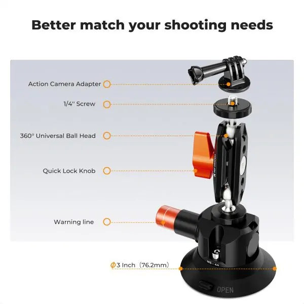 K&F 3" SUCTION MOUNT WITH MAGIC ARM, PHONE & ACTION CAM MOUNT Camera tek