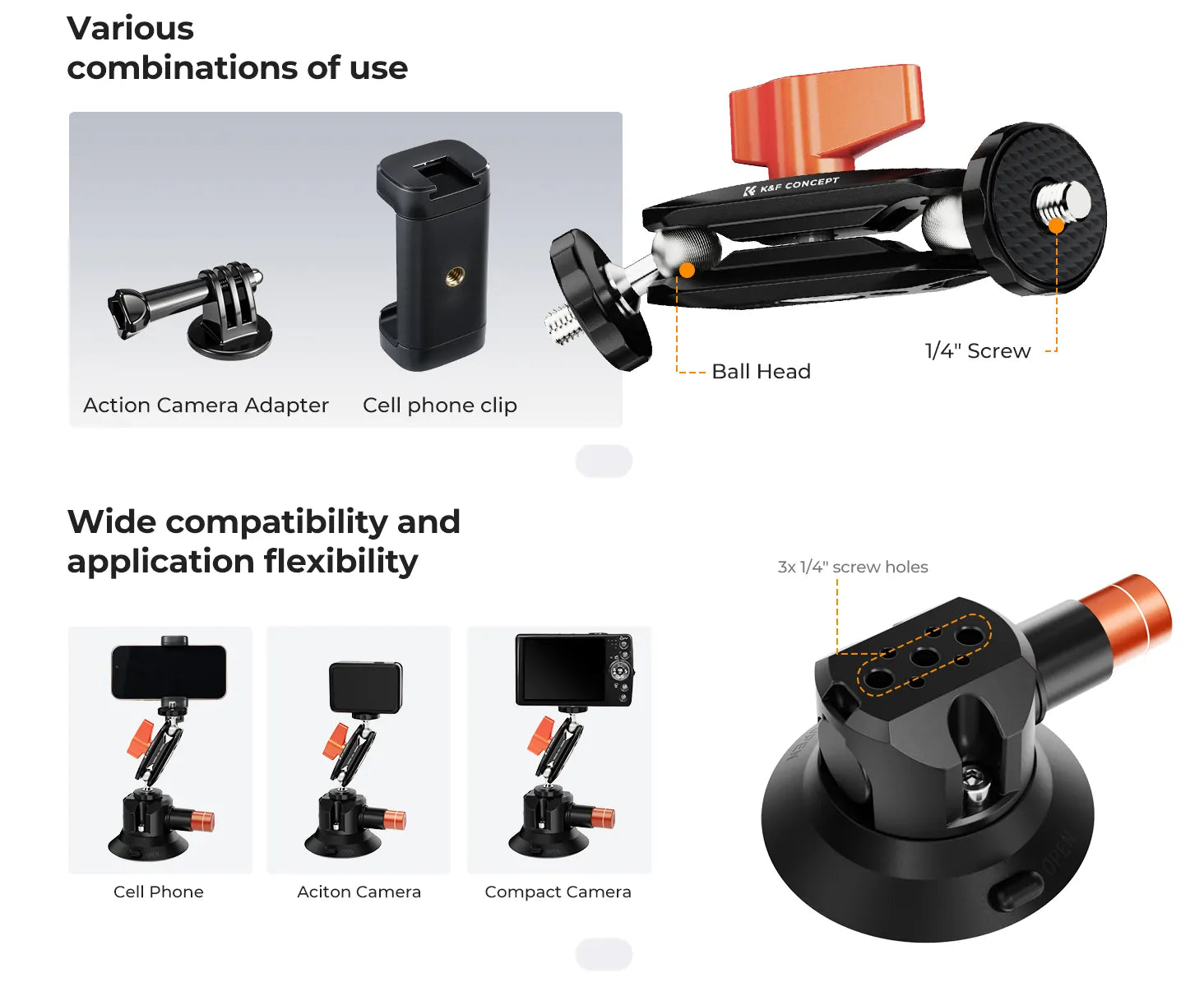 K&F 3" SUCTION MOUNT WITH MAGIC ARM, PHONE & ACTION CAM MOUNT Camera tek