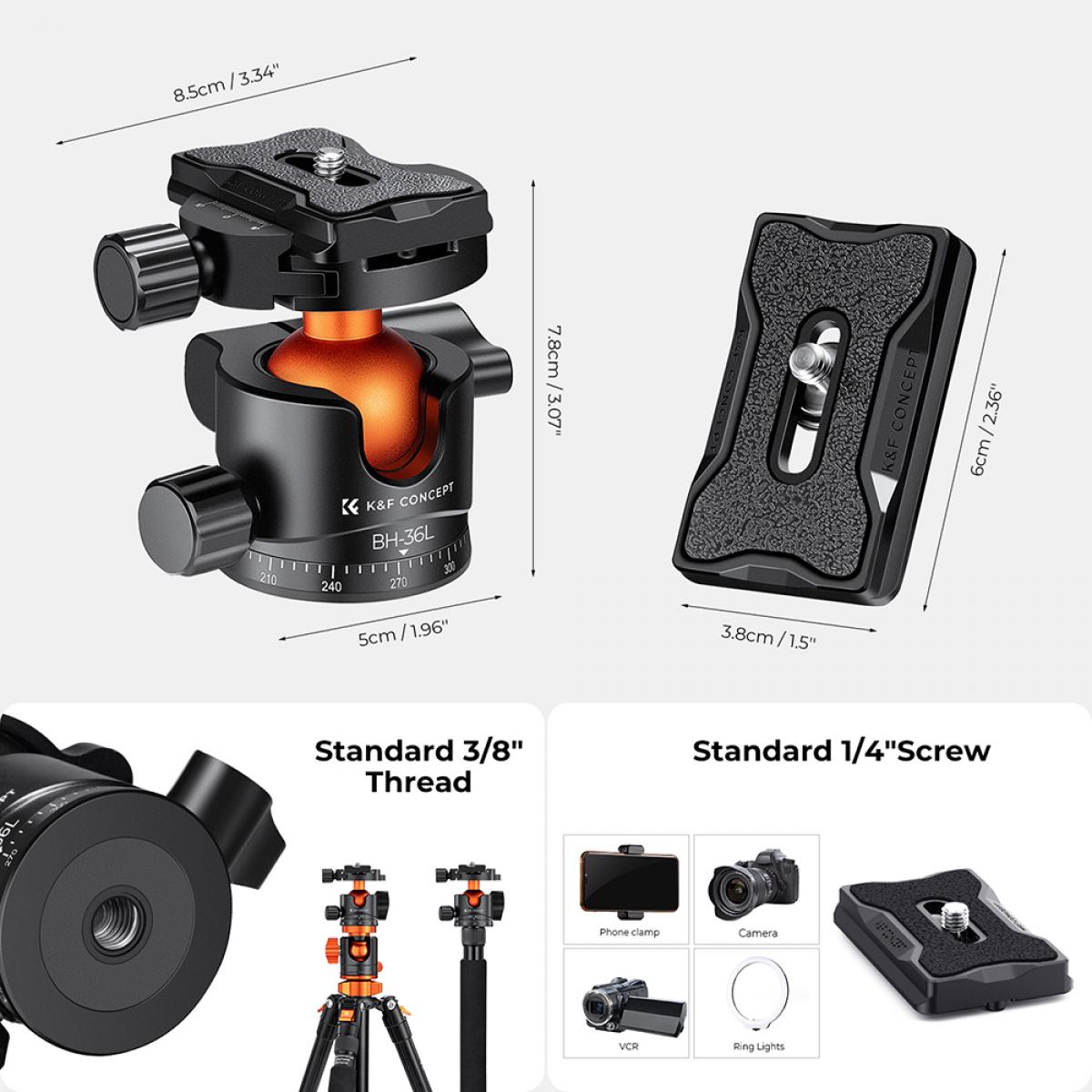 K&F CONCEPT 36MM METAL TRIPOD BALL HEAD LOAD 16KG X1 EXTRA QUICK RELEASE PLATE