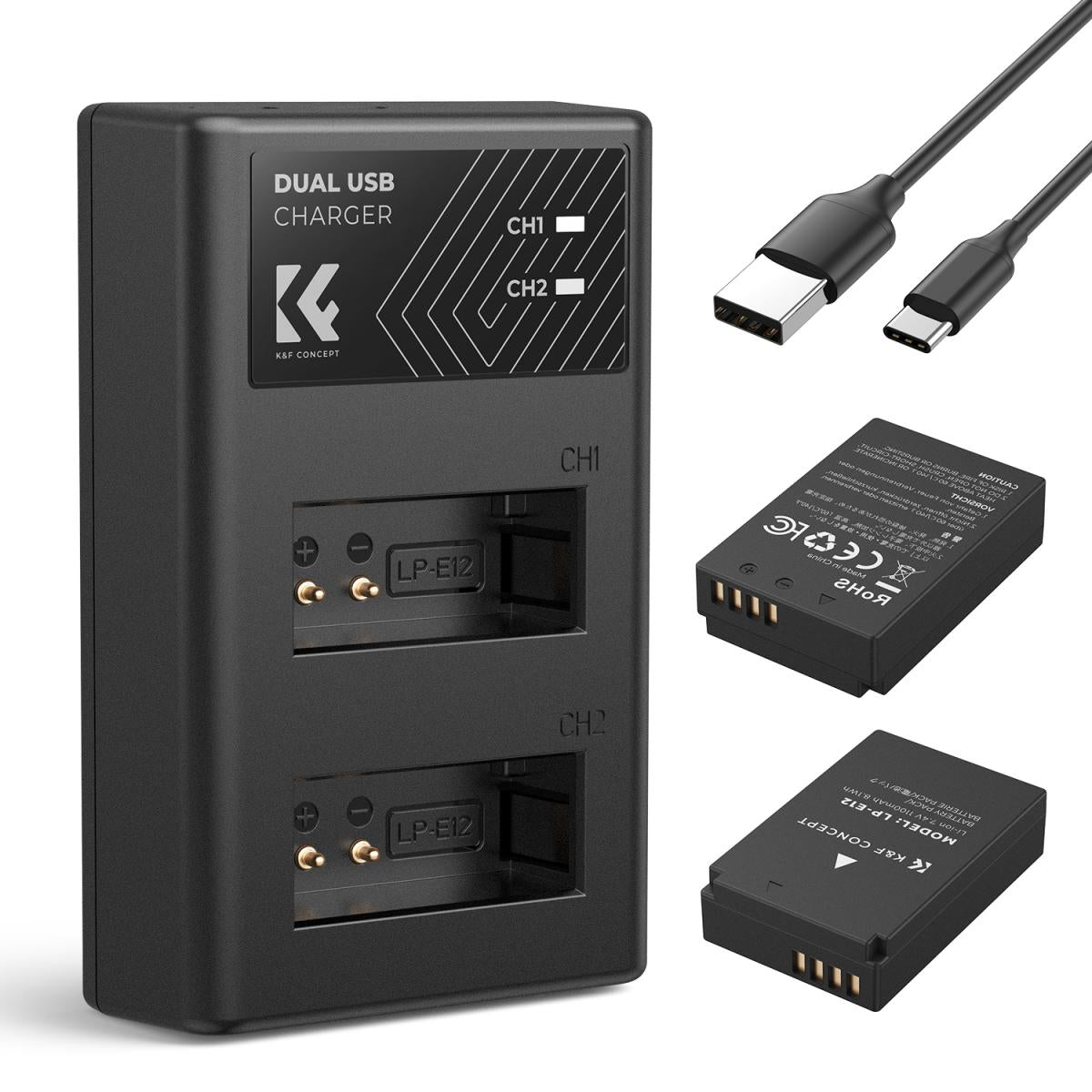 K&F CONCEPT DUAL BATTERY KIT FOR CANON LP-E12 2 BATTERIES AND DUAL CHARGER