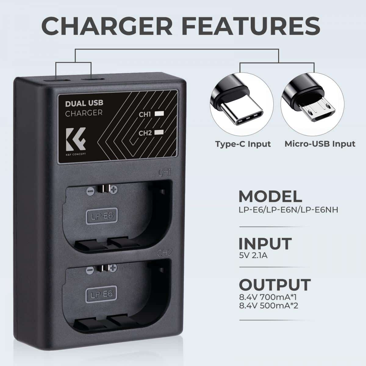 K&F CONCEPT DUAL CHARGER FOR CANON LP-E6NH BATTERY