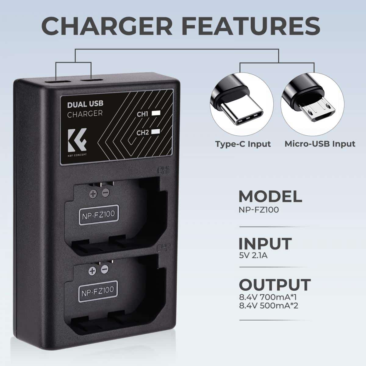 K&F CONCEPT DUAL CHARGER FOR SONY NP-FZ100 BATTERY