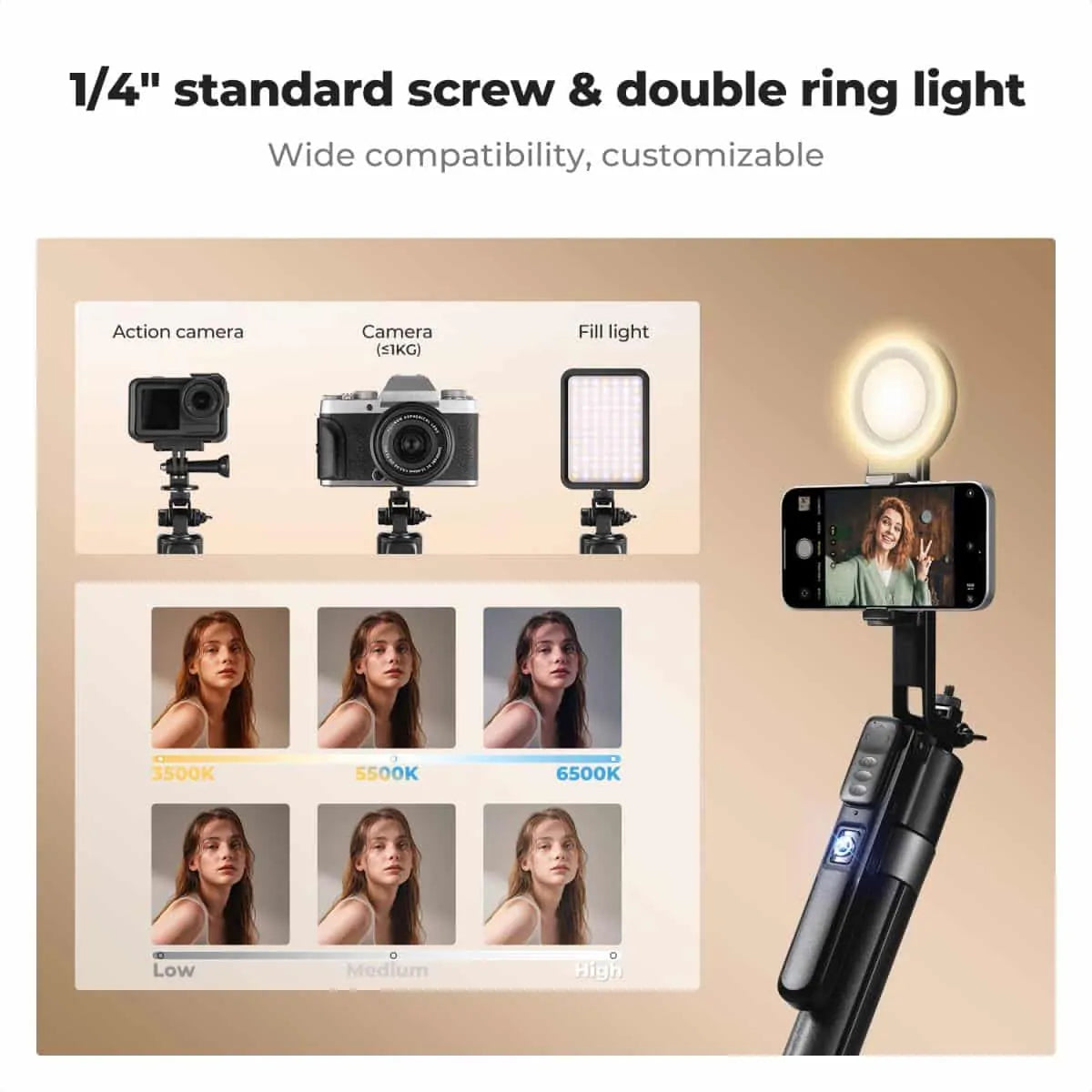 K&F FACE TRACKING SELFIE STICK WITH LEDS Camera tek