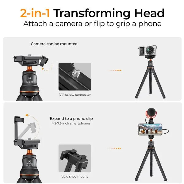 K&F FLEXIBLE MINI TRIPOD WITH BENDABLE LEGS & BLUETOOTH REMOTE
