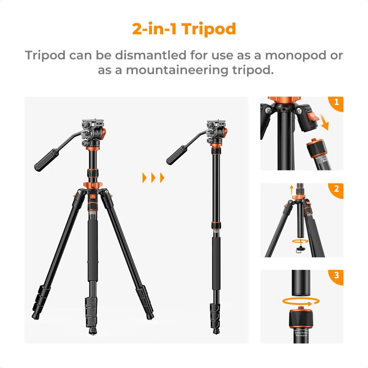 K&F CONCEPT OMNI-DIRECTOR ALUMINIUM VIDEO TRIPOD WITH FLUID HEAD