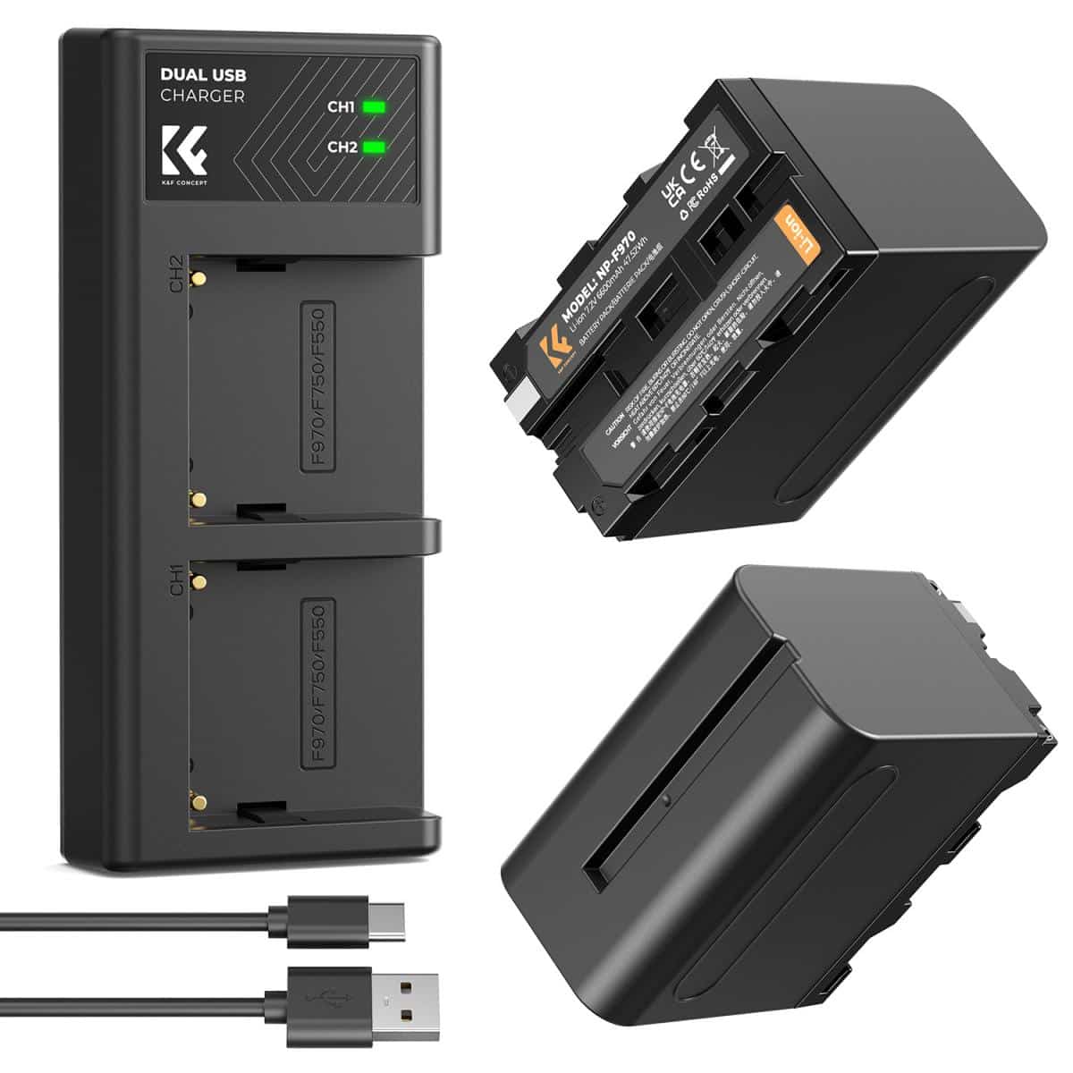 K&F CONCEPT BATTERY & CHARGER KIT FOR SONY NP-F970 2 BATTERIES & DUAL CHARGER