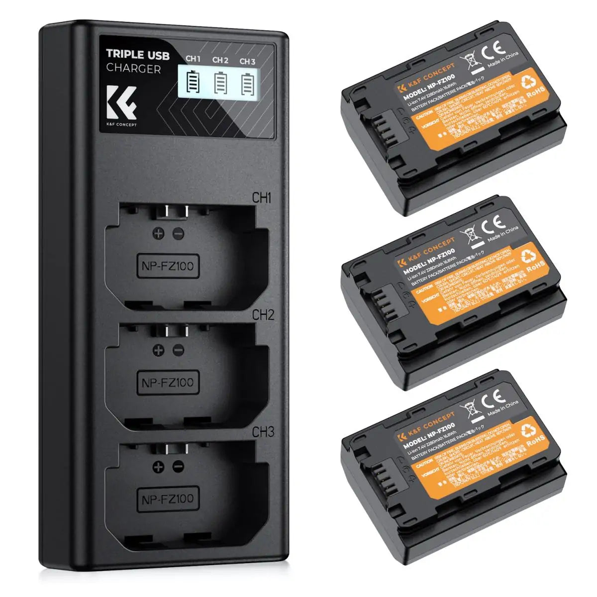 K&F SONY NP-FZ100  BATTERY KIT - 3 BATTERIES + TRIPLE CHARGER