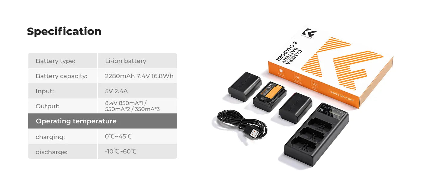 K&F SONY NP-FZ100 BATTERY KIT - 3 BATTERIES + TRIPLE CHARGER Camera tek