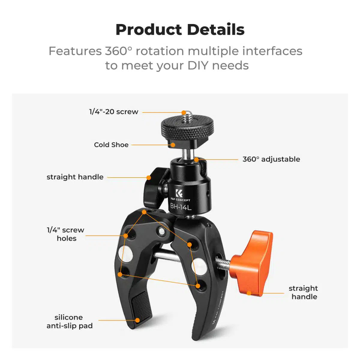 K&F SUPER CLAMP & BALL HEAD TO COLD SHOE OR 1/4" MOUNT