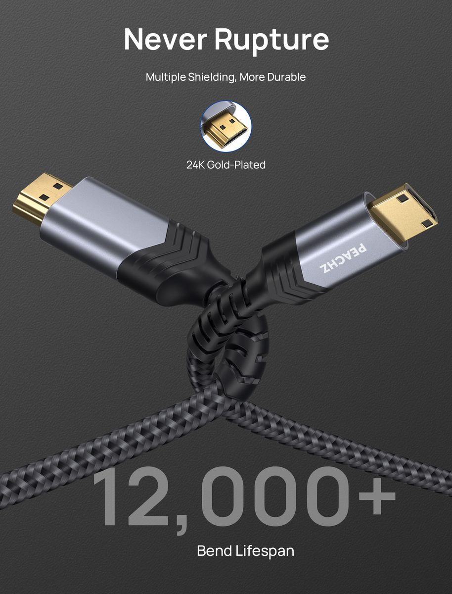 PEACHZ MINI HDMI TO HDMI CABLE 1.8M 4K 60HZ NYLON BRAIDED HIGH-SPEED CABLE