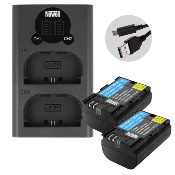 Newell LP-E6N Dual Battery Charger + Batteries Camera tek
