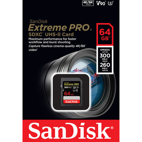 SanDisk Extreme Pro 64GB UHS-II V90 SDXC Memory Card (300MB/s) Camera tek