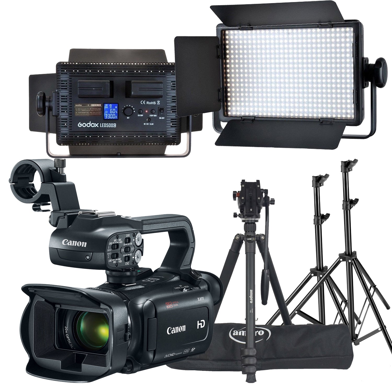 Rental VIDEO COMBO KIT - Canon XA11 HD CAMCORDER + TRIPOD + Godox LED 500 Light Kit (2X 500 LED lights) Rental - R1230 P/Day Camera tek