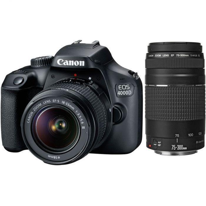 Canon EOS 4000D DSLR with EF-S 18-55mm DC III & EF 75-300mm f/4-5.6 III Camera tek